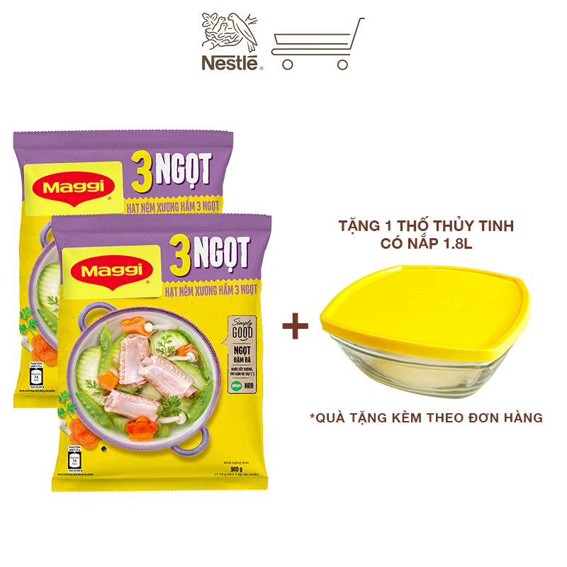 [Tặng 1 thố thủy tinh có nắp 1.8L] Combo 2 gói hạt nêm Maggi xương hầm 3 ngọt Heo (Gói 900g)