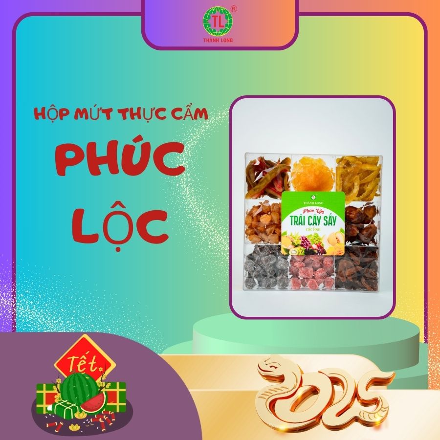 Hộp mứt Thành Long Phúc Lộc mix 9 loại kẹo dâu tây, dâu tằm, long nhãn, ổi hồng , thơm, xoài, nho, vỏ bưởi, chà là