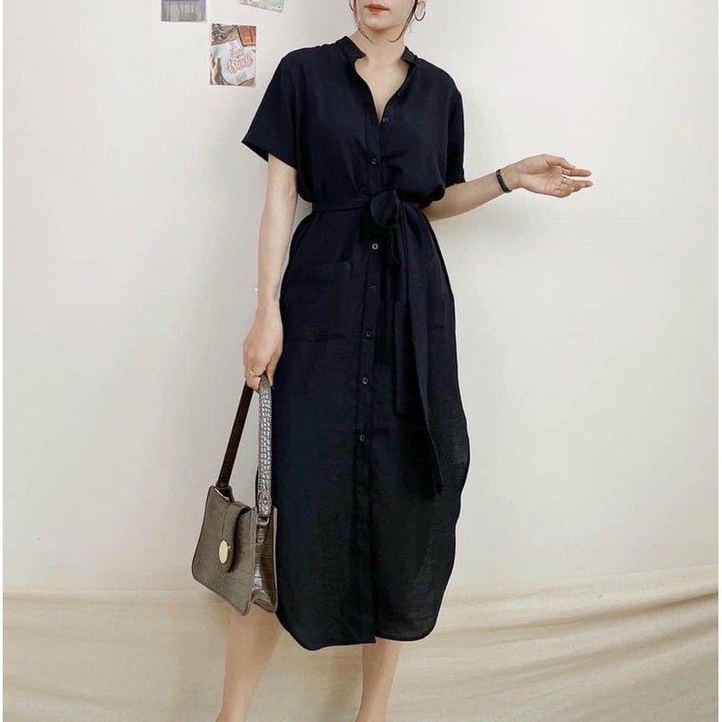 Đầm bầu sơ mi công sở tà bầu cột eo, Váy đầm form gọn cho mẹ mặc trước và sau sinh