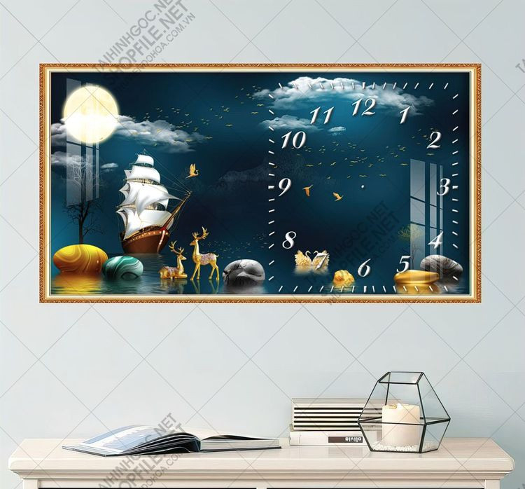 TRANH ĐỒNG HỒ - TRANH TREO PHÒNG KHÁCH - TRANH ĐỒNG HỒ TRÁNG GƯƠNG THUYỀN BUỒM