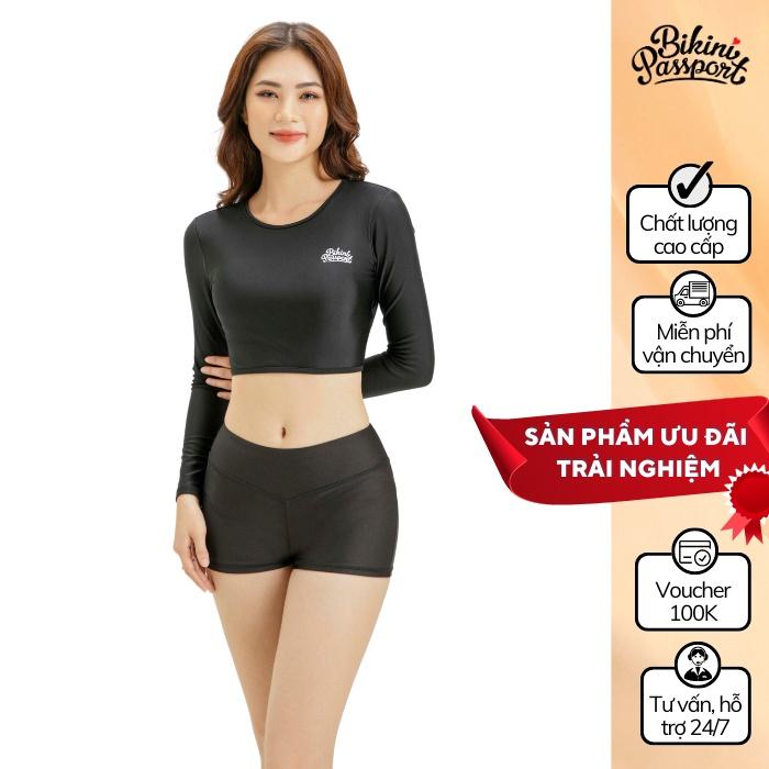 Áo bơi NỮ lẻ BIKINI PASSPORT kiểu tay dài gắn logo - màu Đen - BS1002_BL