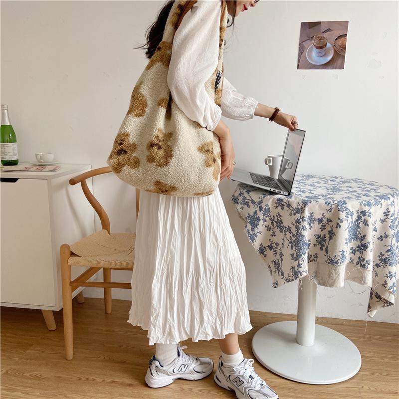 Đeo Vai Túi Tote Nữ Thịt Cừu Giống Như Chất Liệu Vải Bố Lông Tơ Lông Gấu Túi Xách Tay Công Suất Lớn Mềm Mại Mua Sắm Túi Bé Gái Dễ Thương Trường túi