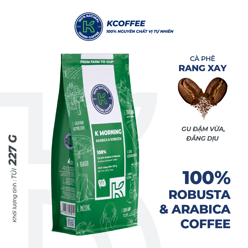 Cà phê rang xay Robusta Arabica xuất khẩu K-Morning thương hiệu K Coffee (227g/gói)