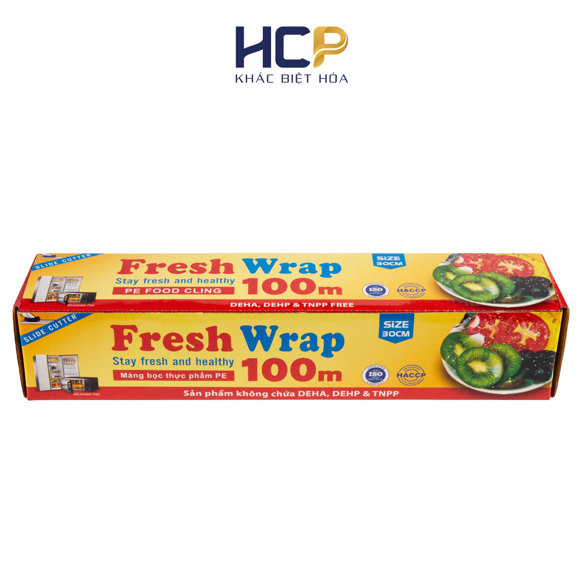 COMBO Màng bọc thực phẩm Hoàng Châu Plastic ( HCP) 30CM X 100M tặng kèm lõi thay thế 100M - Nhựa PE - Dùng được cho lò vi sóng- An toàn cho sức khỏe- Không chất phụ gia tạo dẻo- Không chứa DEHA/DEHP - Thân thiện với môi trường