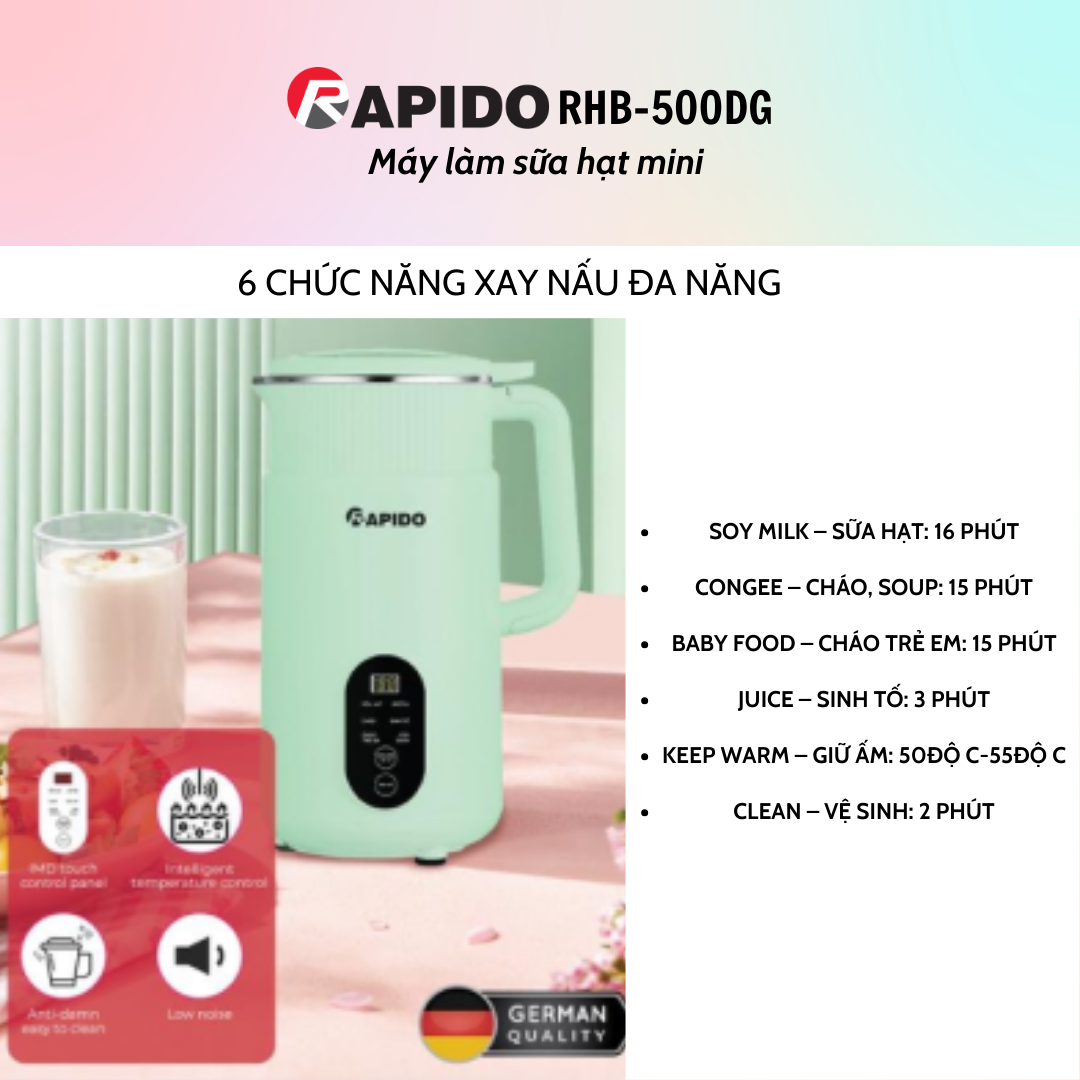 Máy làm sữa hạt mini Rapido RHB-500DG - Hàng Chính Hãng - Bảo Hành 12 Tháng