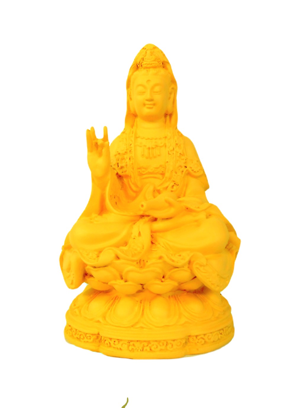 Tượng Quan Thế Âm Bồ Tát ngồi đài sen liền khối màu vàng gỗ 12 cm