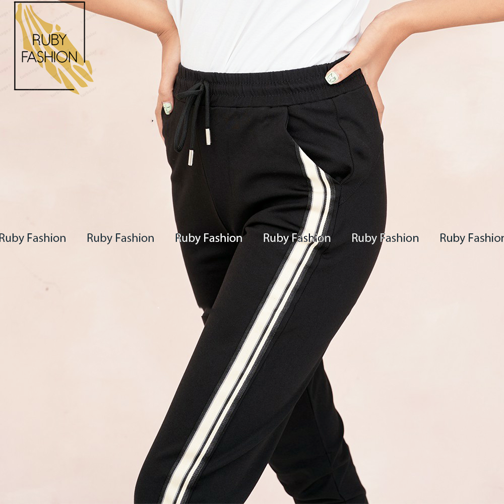 Quần jogger nữ Hiền Trần BOUTIQUE dáng dài cạp chun dây buộc, kiểu sọc to 2 bên