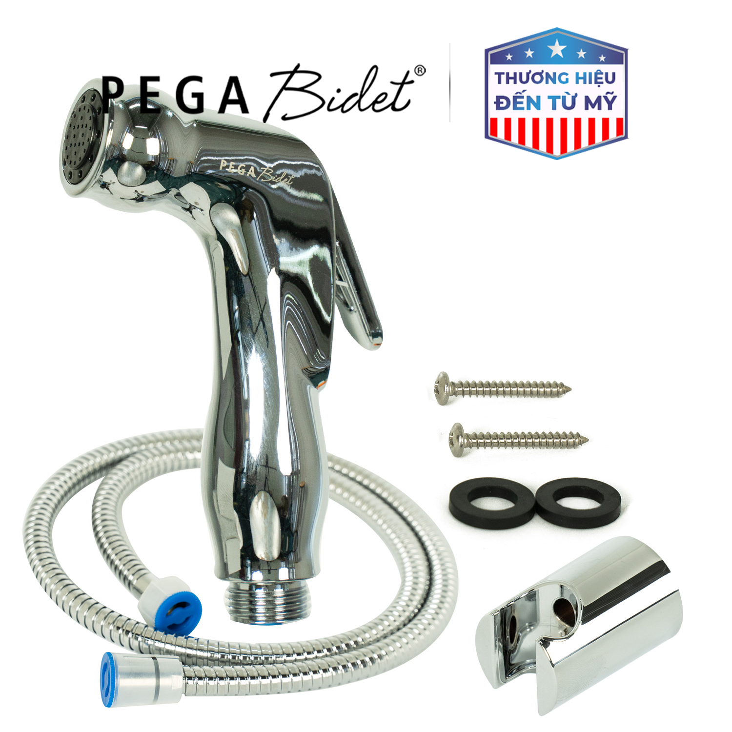 Bộ vòi xịt vệ sinh cầm tay PEGA Bidet HB500, dây cấp nước 1.2m inox 304, đầu vòi bằng nhựa mạ crôm, giá treo mạ crôm, bảo hành 12 tháng