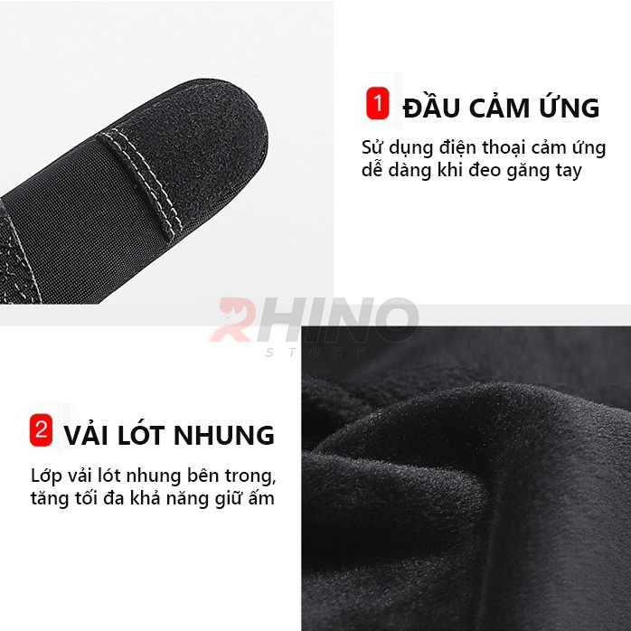 Găng tay giữ ấm mùa đông chống gió, kháng nước mưa Rhino G102 Bao tay thể thao cảm ứng điện thoại, găng tay đi xe máy, xe đạp lót nỉ cho nam nữ, bảo hộ đi phượt