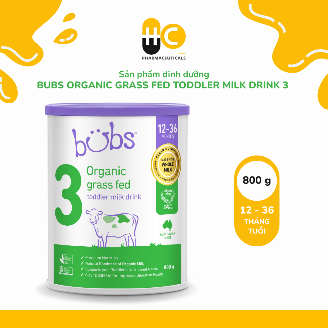 Sản phẩm dinh dưỡng công thức hữu cơ Bubs Organic Grass Fed Toddler Milk Drink 3 (12–36 tháng tuổi) – 800g