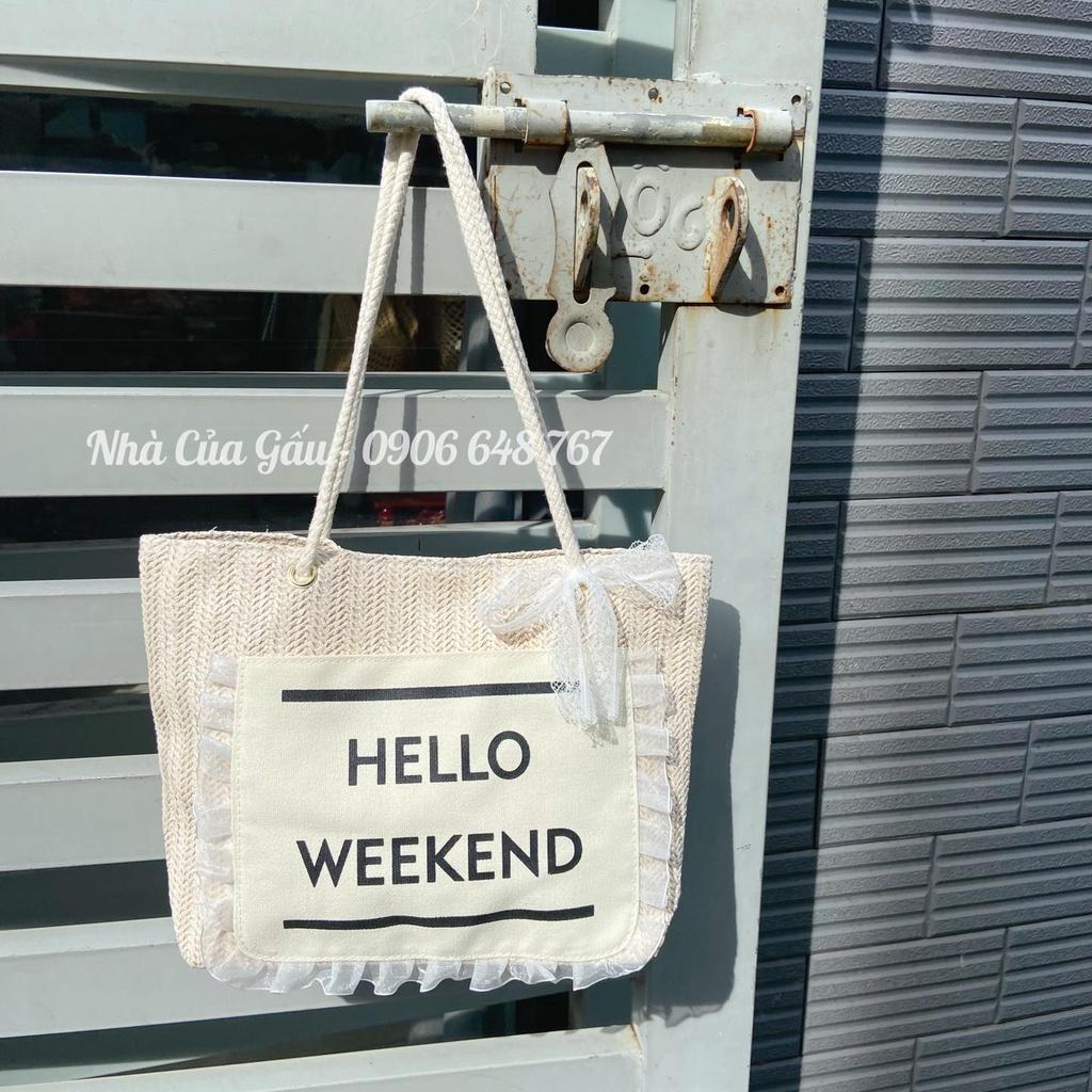 Túi cói Hello Weekend viền ren đeo vai dễ thương