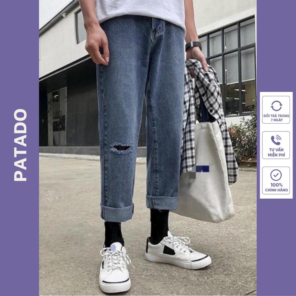 Quần bò jean baggy nam ống suông rộng rách 1 gối hottred hàn quốc 2022