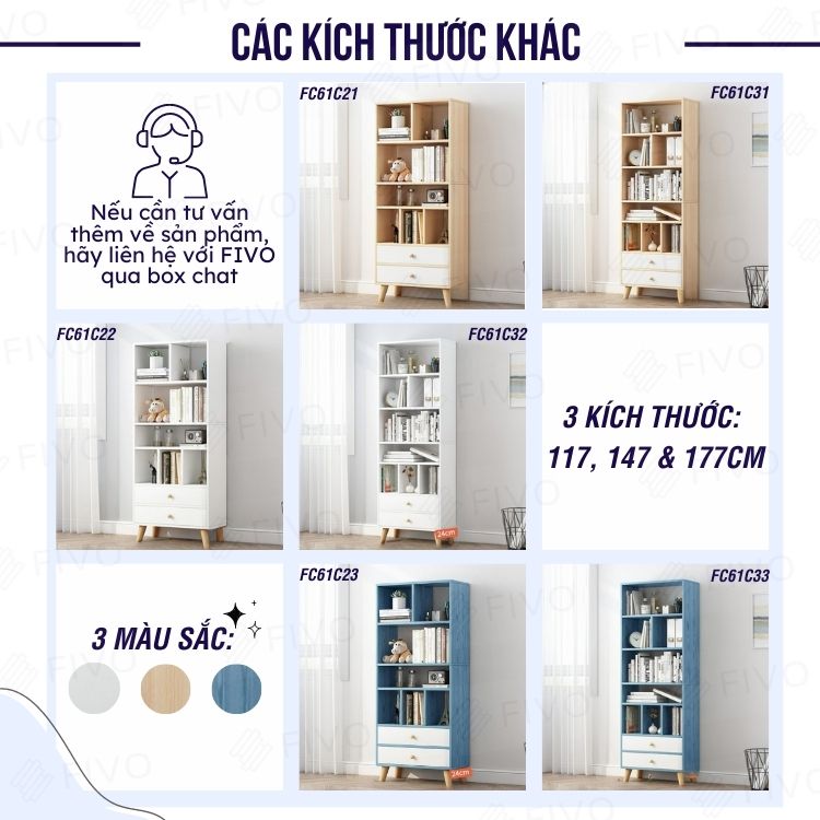 Tủ Sách Cho Bé Gỗ MDF FIVO FB61 (50 x 24 x 117cm) Đơn Giản Nhỏ Gọn (Có Hộc Kéo)- Hàng Chính Hãng