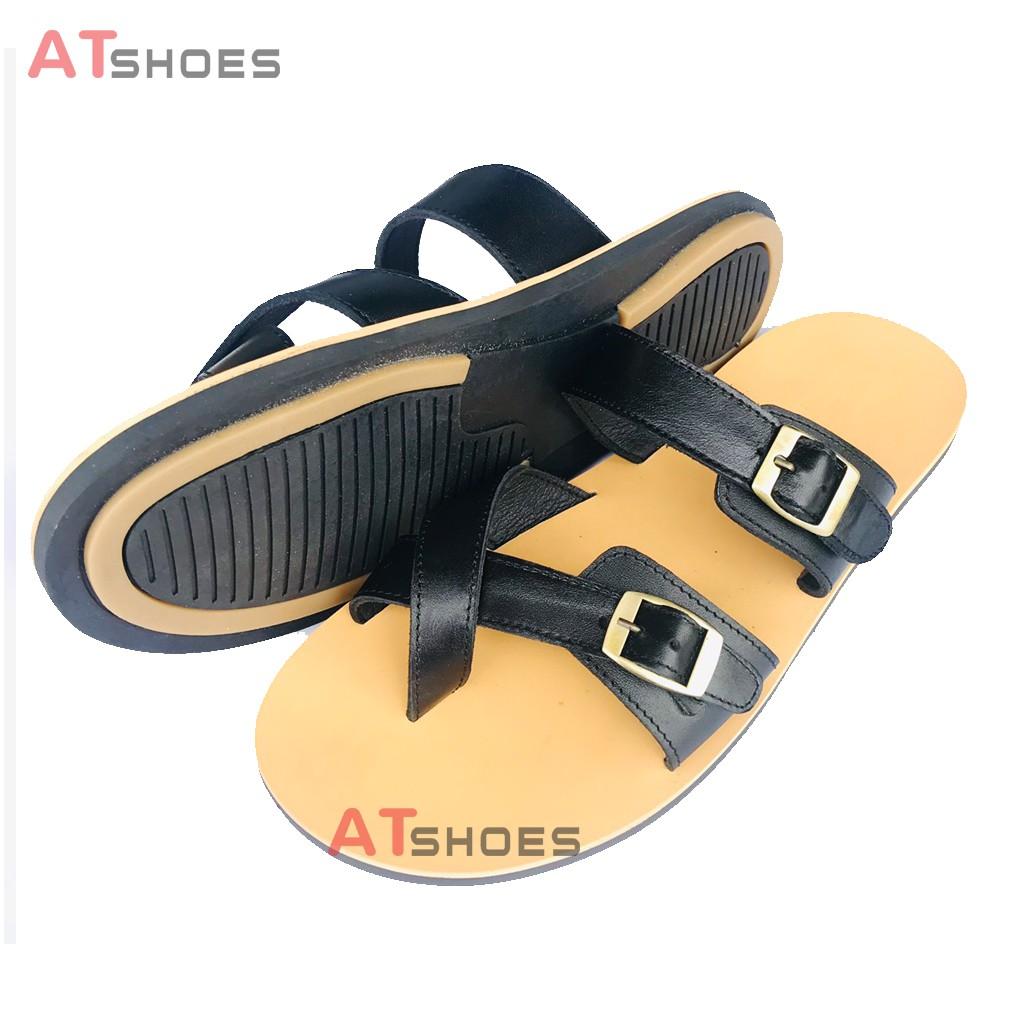 Sandal nam, dép quai ngang, dép nam da bò, không thấm nước, êm chân thoải mái Atshoes QN2M (Đen - Nâu