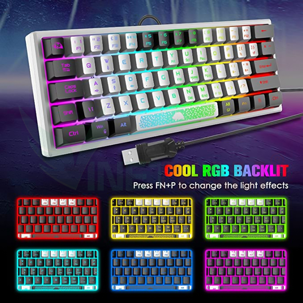 Bàn phím mini K61 LED rainbow 10 chế độ cực đẹp, thiết kế nhỏ gọn, phím bấm êm dùng cho máy tính, laptop, PC - hàng chính hãng Vinetteam
