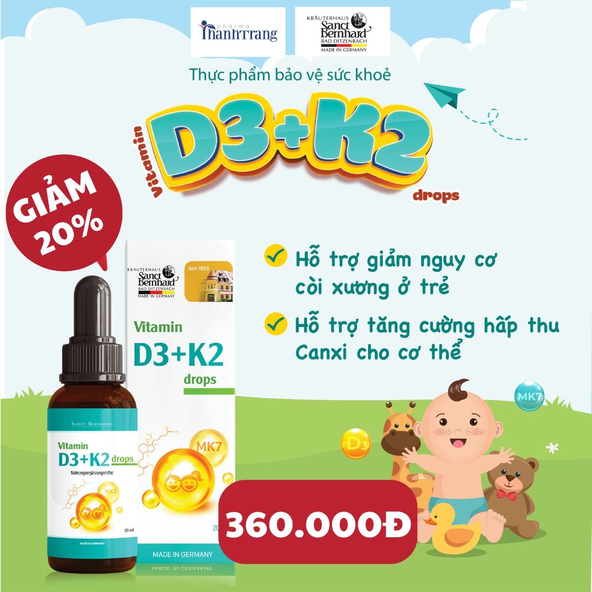 Vitamin D3 K2 MK7 Drops dạng giọt giúp bé tăng chiều cao, bổ sung canxi chống còi xương, giảm nguy cơ loãng xương ở người lớn