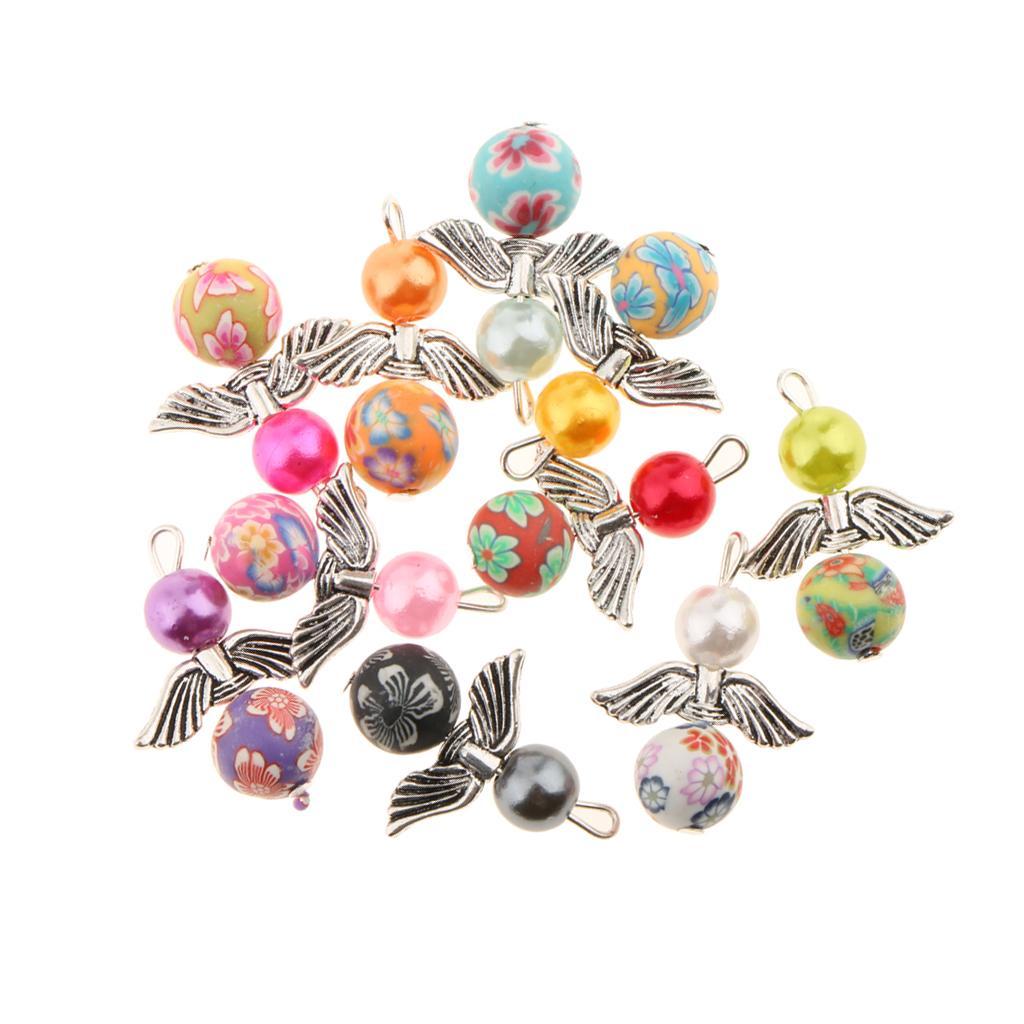 20 Pieces Colored Pearl Charms Angel Wings Polymer Clay Round Bead Metal Charms For DIY Pendant Necklace Bracelet Jewelry Making Crafts