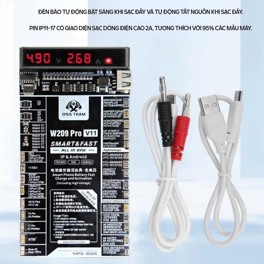 Bộ Kích Pin W209 Pro V11 Dành Cho Điện Thoại Android, Pad, IP Bảo vệ quá tải dòng điện, kiểm tra dung lượng pin - Hàng Nhập Khẩu