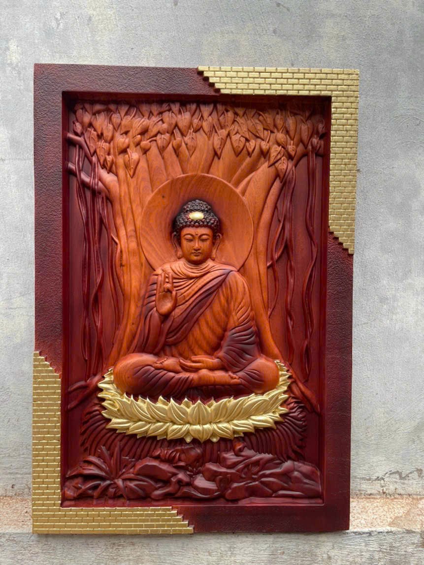 Tranh điêu khắc phật thích ca bằng gỗ hương đá pu giả cổ cao cấp kt 44×67×4cm
