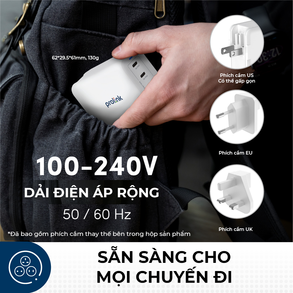 Củ sạc nhanh Prolink GT46801 4 cổng 68W công nghệ GAN dùng cho Laptop, Tablet, Macbook, iPad, iPhone - Hàng chính hãng