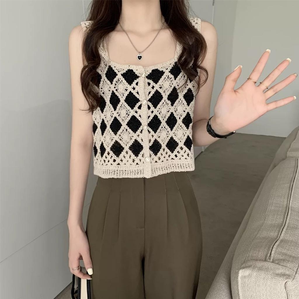 MS593 Áo hai dây kiểu nữ croptop đan móc hình trám