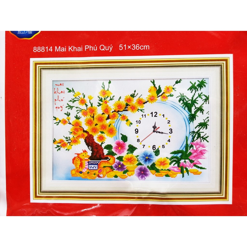 Tranh thêu chữ thập Đồng hồ-Mai Khai Phú Quý chưa thêu
