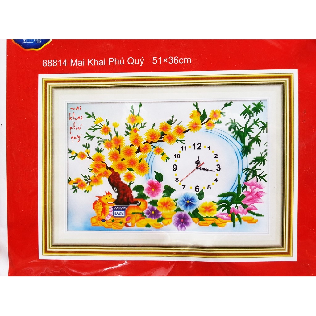 Tranh thêu chữ thập Đồng hồ-Mai Khai Phú Quý (51*36cm) chưa thêu