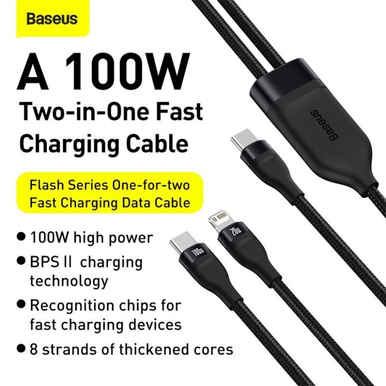 Cáp sạc nhanh 100W Type C to Lightning &amp; Type C Baseus Flash Series CA1T2-F01- Hàng chính hãng.