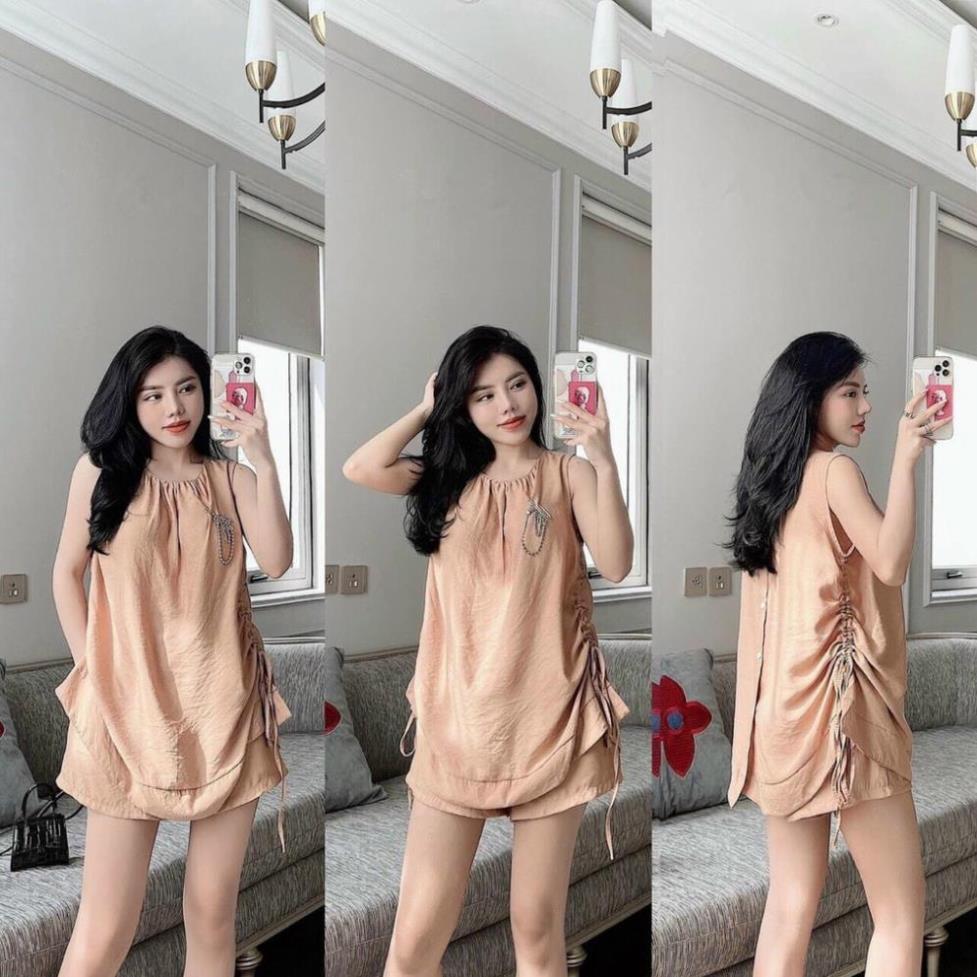 TBL-Set bộ đùi rút dây siêu đẹp, tay sát cánh đũi nhăn thời trang nữ dạo phố, dự tiệc (xanh lá, nude, trắng
