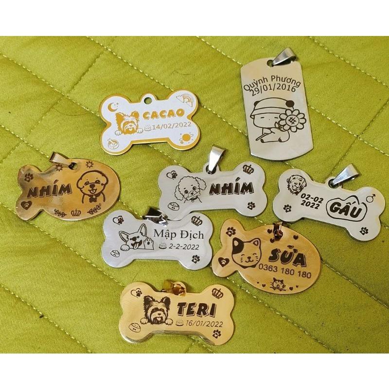 Thẻ tên, pet tag (tặng kèm chuông nhỏ) chất liệu inox, hợp kim nhôm khắc 2 mặt cho thú cưng (chó, mèo, thỏ, sóc