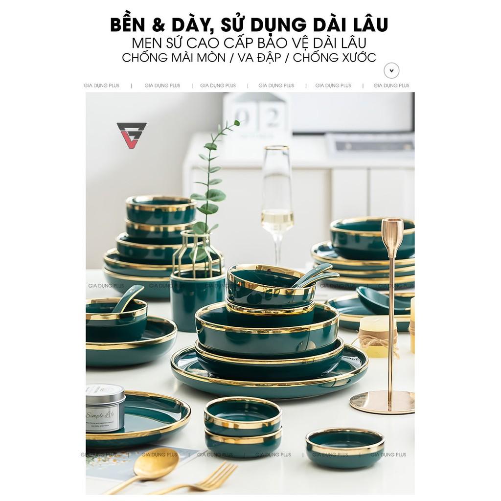 Bộ Chén Bát Đĩa Xanh Ngọc Lục Bảo Viền Vàng Phong Cách Bắc Âu Sang Trọng