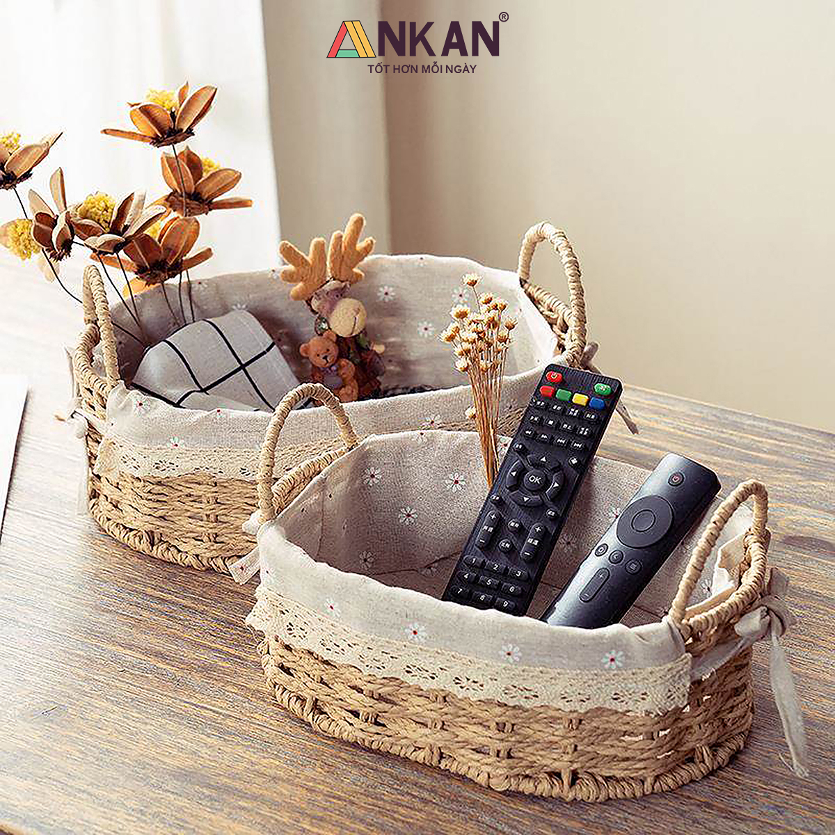 Giỏ Đựng Đồ Ăn Vặt Có Quai Hình Bầu Dục Lót Vải Hoa – Sợi Giấy Cán Mỏng Nhẹ Bền, Dễ Vệ Sinh