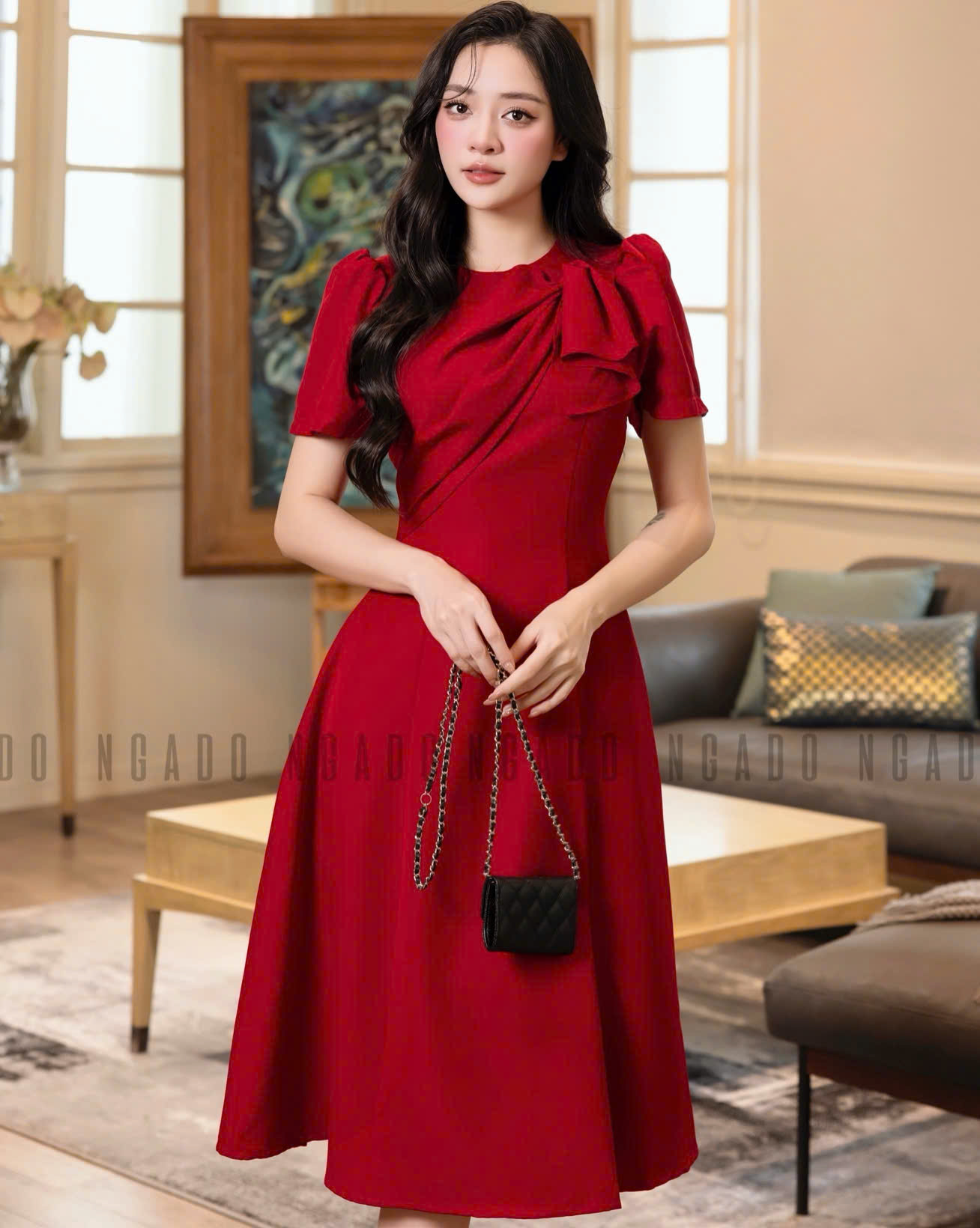Đầm đỏ xoắn vai NGADO , đầm dự tiệc , đầm công sở