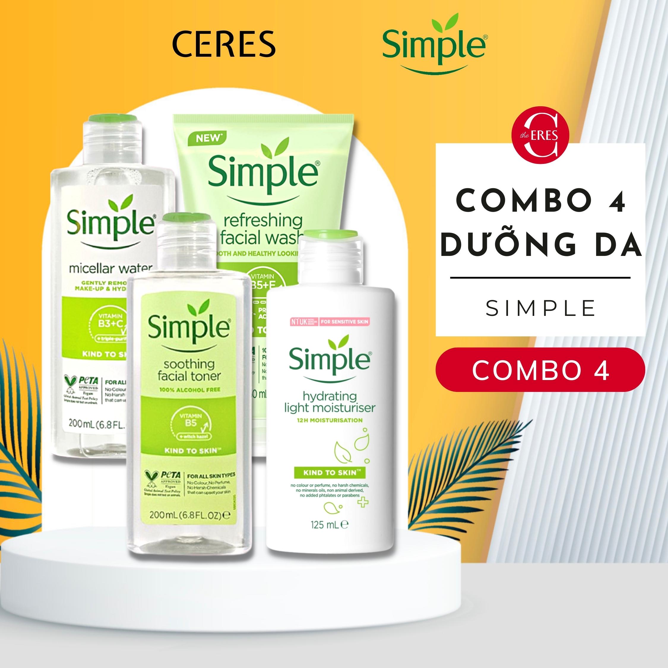 Combo Simple ( Sữa Rửa Mặt + Nước Tẩy Trang + Toner Nước Hoa Hồng + Kem Dưỡng Ẩm Da ) Tẩy Tế Bào Da Chết Dịu Nhẹ