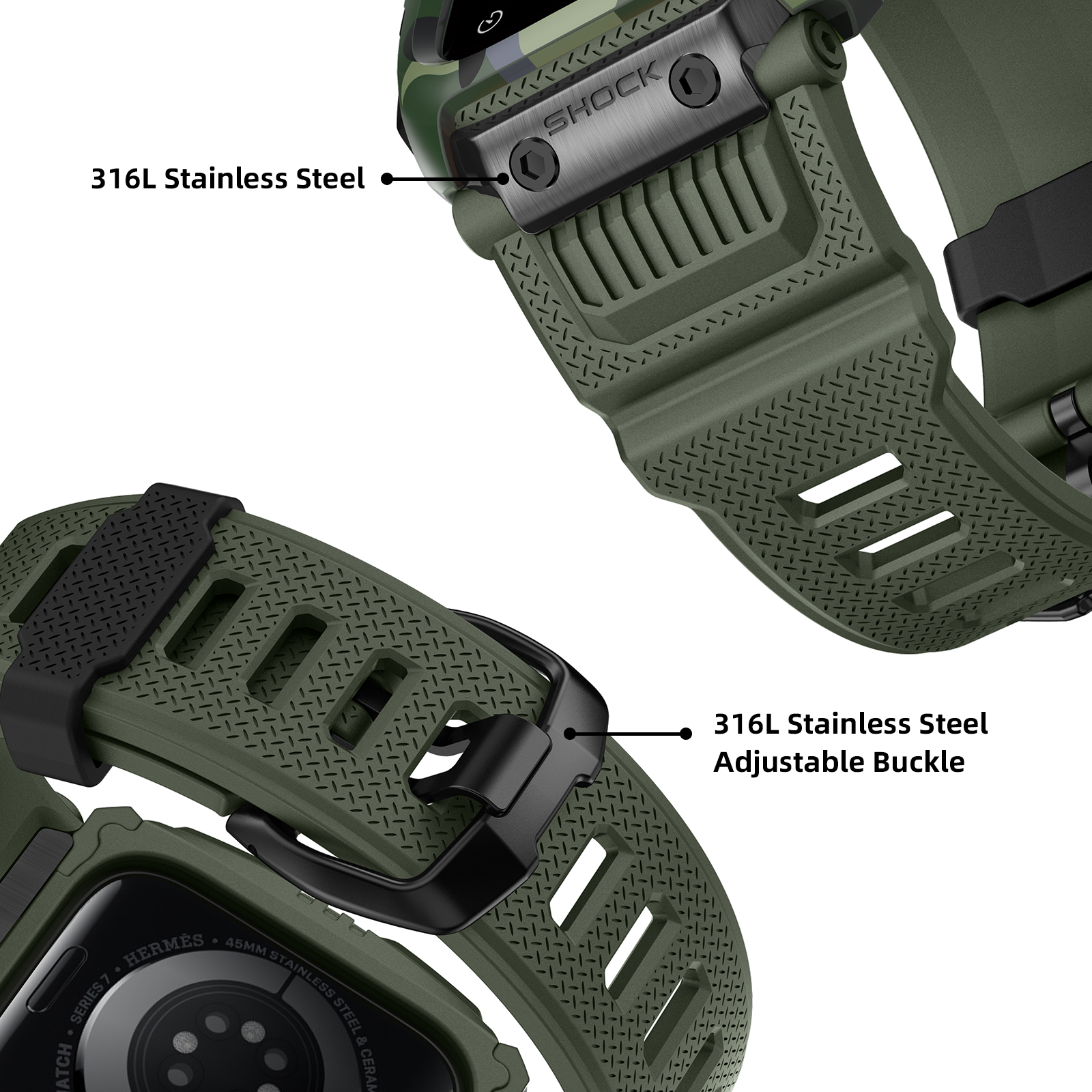 Ốp Case bảo vệ tích hợp dây đeo Camo Shock cho Apple Watch Series 1/2/3/4/5/6/SE/7/8/9/SE2 Size 45mm/44mm/42mm - Hàng Chính Hãng