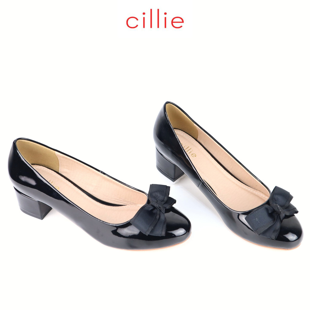 Giày cao gót mũi tròn Cillie phối nơ da bóng cao 4cm 1200