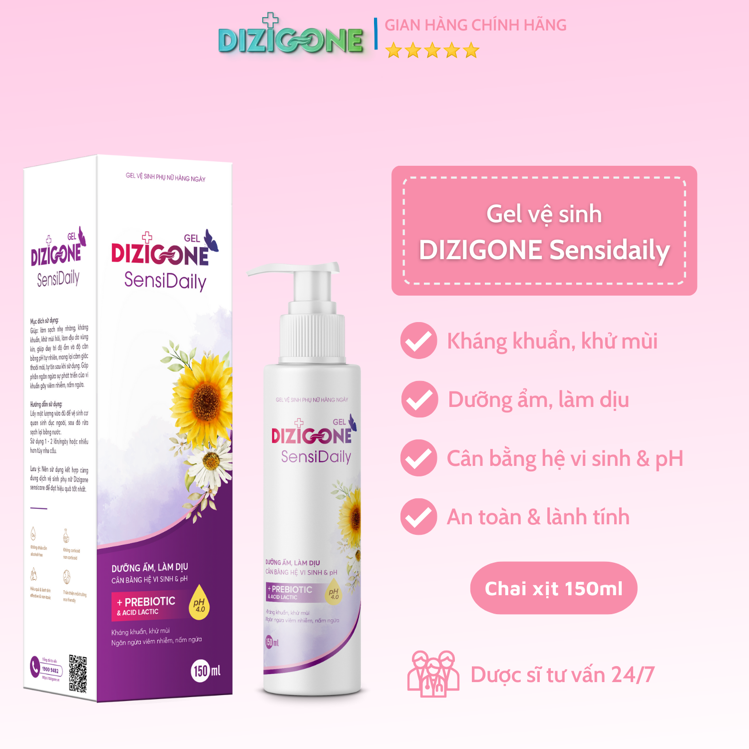 Gel vệ sinh phụ nữ DIZIGONE Sensidaily 150ml: Kháng khuẩn, làm mềm dịu, cân bằng hệ vi sinh &amp; pH