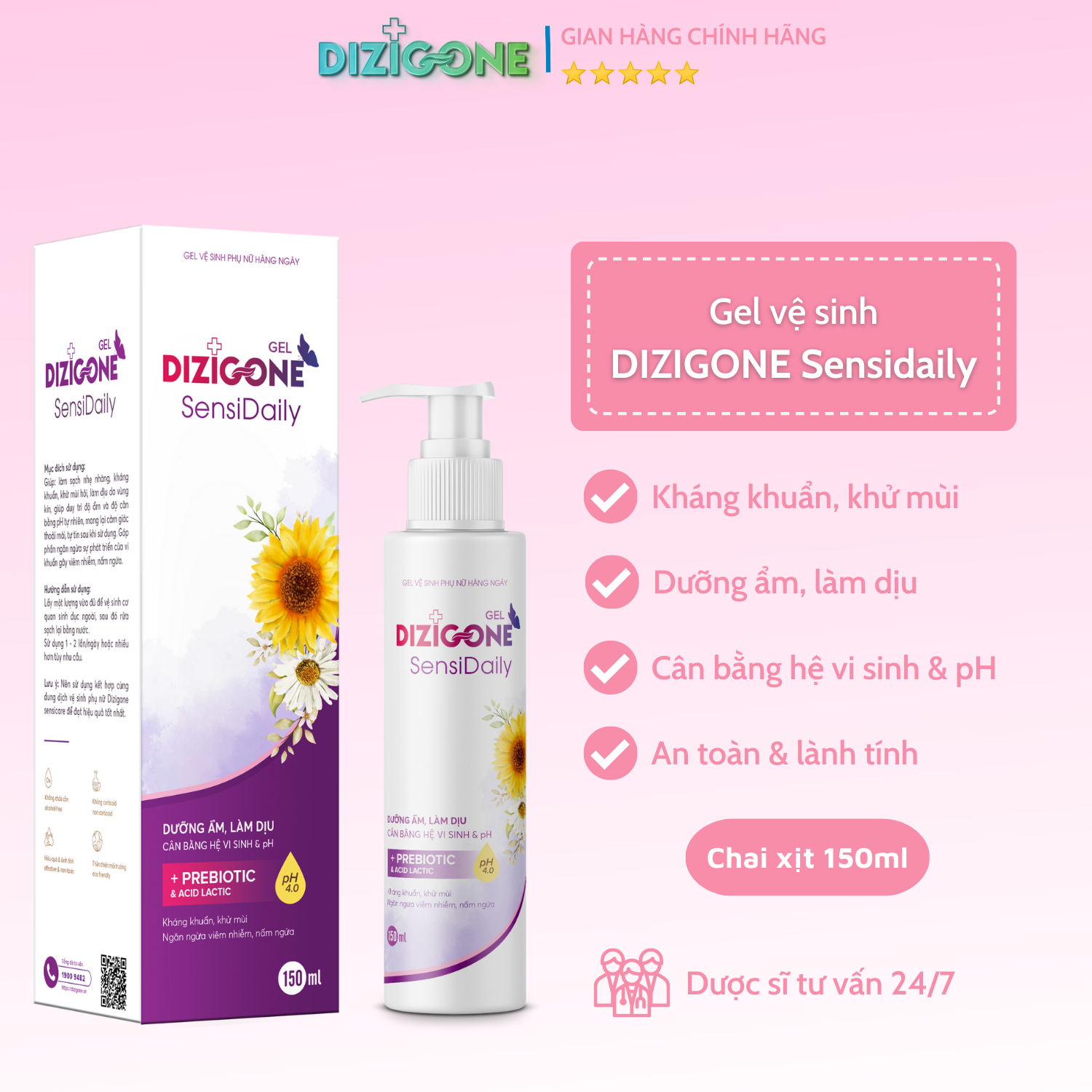 Gel vệ sinh phụ nữ DIZIGONE Sensidaily 150ml: Kháng khuẩn, làm mềm dịu, cân bằng hệ vi sinh & pH