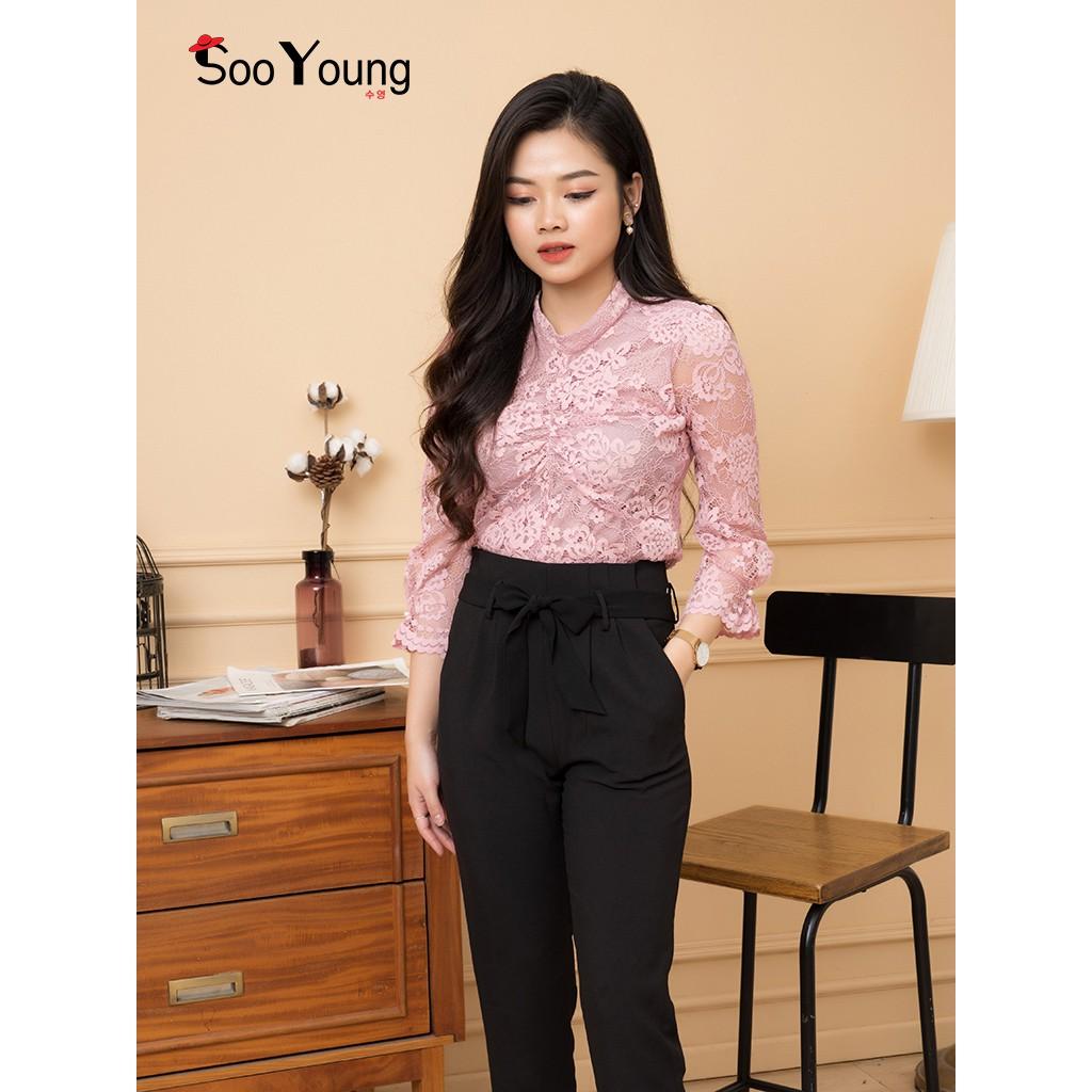 Áo sơ mi ren hồng cổ tầu tay sếp-A200111H-Sooyoung