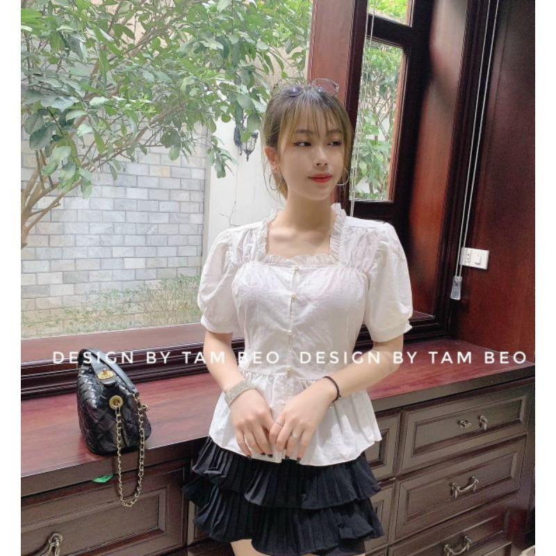Áo Kiểu Chất Đũi Ngắn Tay _ Thiết Kế Cổ Bèo Vuông Đính Khuy Ngọc Sang Chảnh