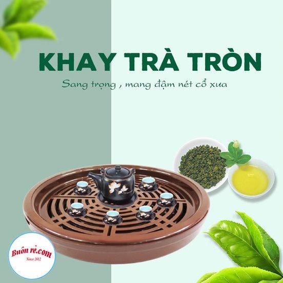 Khay trà tròn giả gỗ chất liệu nhựa Việt Nhật - Khay đựng ấm chén sang trọng dễ tháo rời, cọ rửa