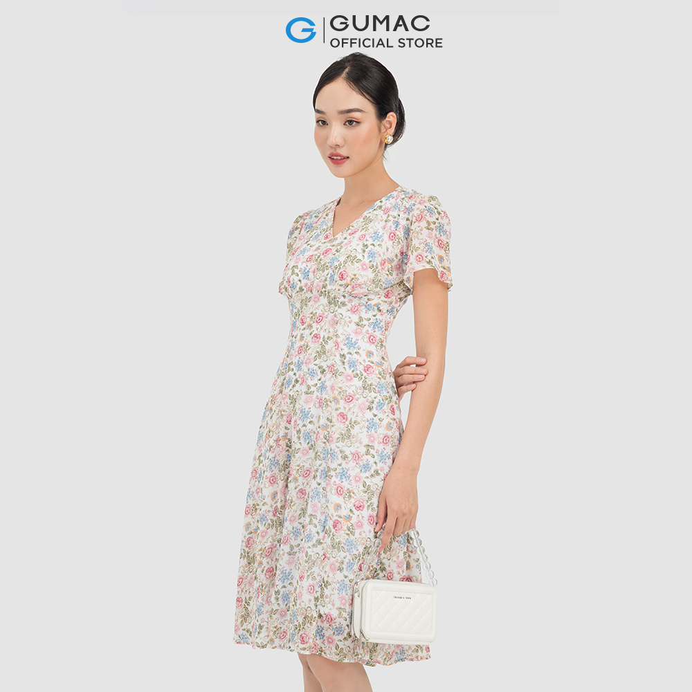 Đầm nữ GUMAC LD0702 hoa nhún ngực trẻ trung