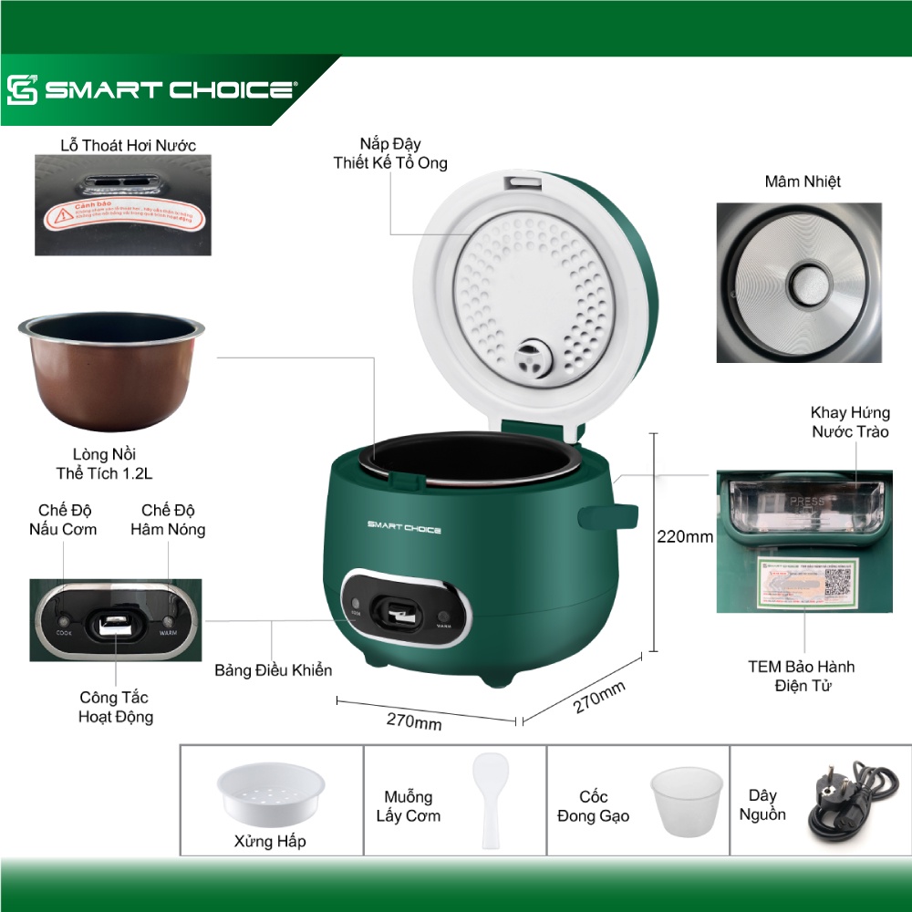 Nồi Cơm Điện Mini 1.2L SMARTCHOICE SCG-RC3001 Lòng Nồi Phủ Ceramic Chống Dính Cao Cấp, Nồi Cơm Điện Cơ Có Quay Xách Dùng Cho 1-3 Người Ăn, Nấu Chín Nhanh, Giữ Ấm Lâu - Hàng Chính Hãng