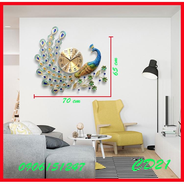 Đồng hồ treo tường trang trí decor chim công CD21 Khổng Tước xanh kích thước 70 x 65 cm