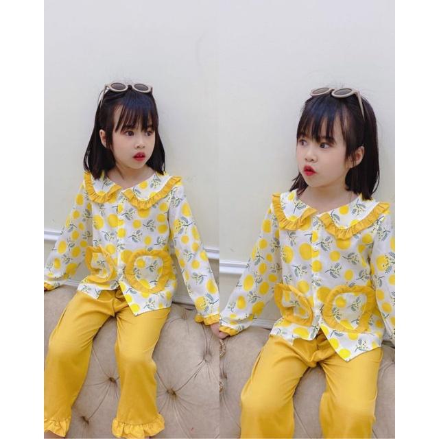 Bộ Pijama Dài Tay Chất Đũi Cúc Dọc Túi Trái Tim Bé Gái