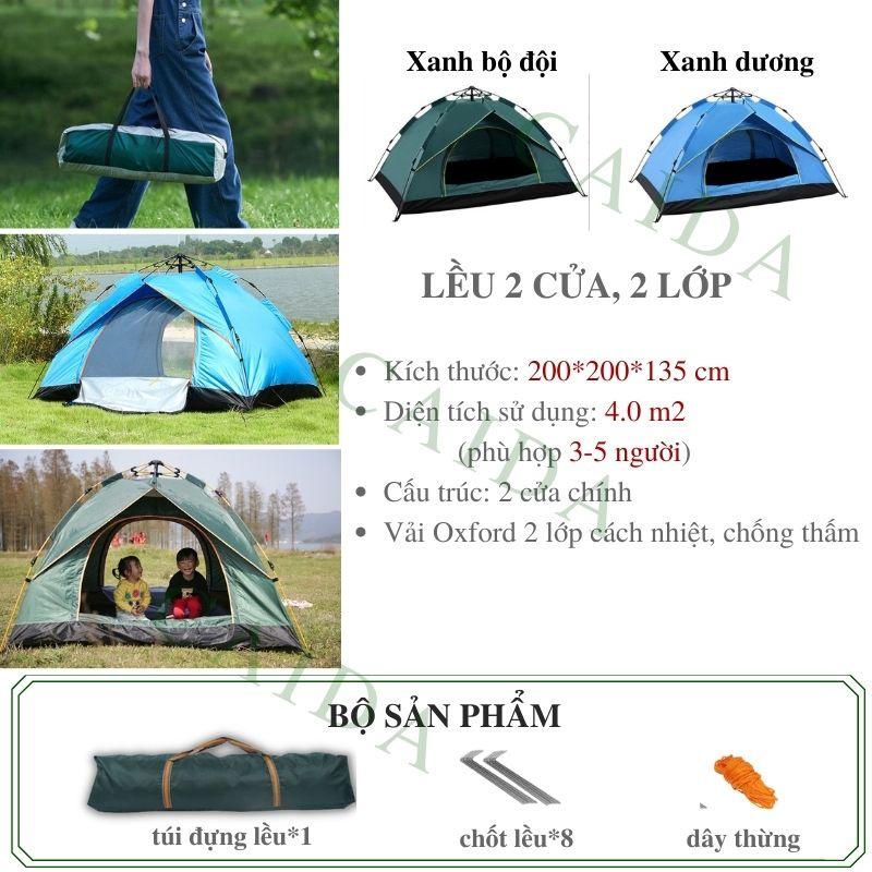 Lều cắm trại tự bung chống nước cho 4-5 người - Lều dã ngoại du lịch 2 cửa 2 lớp thông thoáng, chống muỗi và tia bức xạ