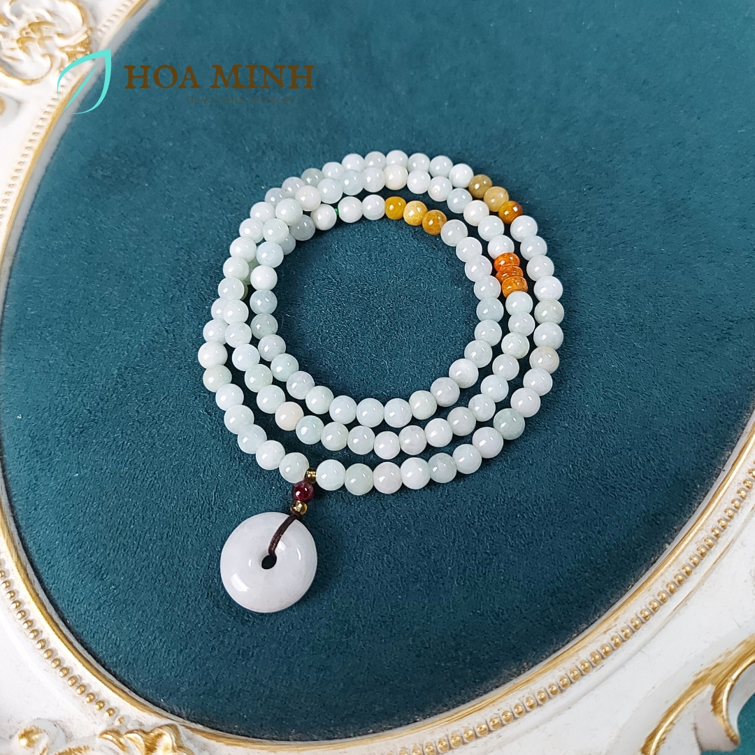 Vòng tay chuỗi 108 hạt Cẩm Thạch bạch ngọc nếp băng size hạt 5.5 li phối điếu cẩm thạch phong thủy tài lộc