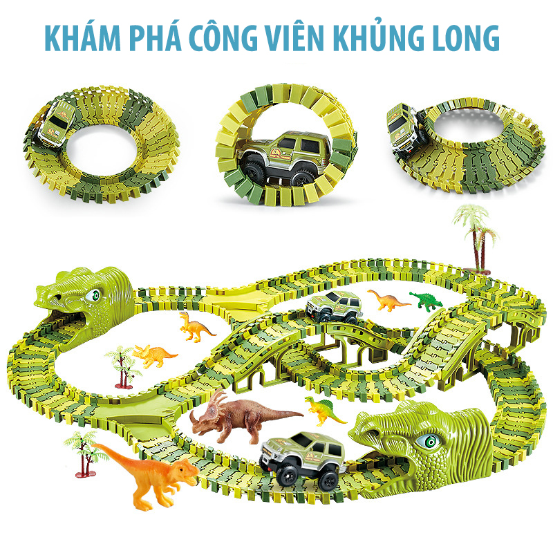 Bộ xếp hình đường đua ô tô khủng long biến đổi đường ray, bộ đồ chơi khủng long thú vị dành cho trẻ em