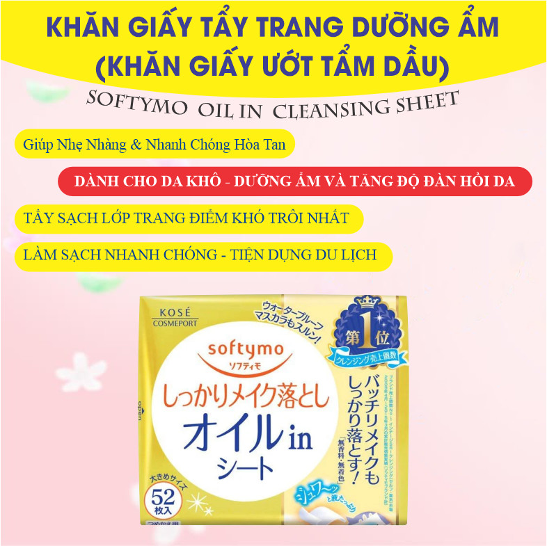 Khăn Giấy Tẩy Trang Dầu Giúp Sạch Sâu Kosé Softymo Oil in Cleansing Sheet (52 miếng)