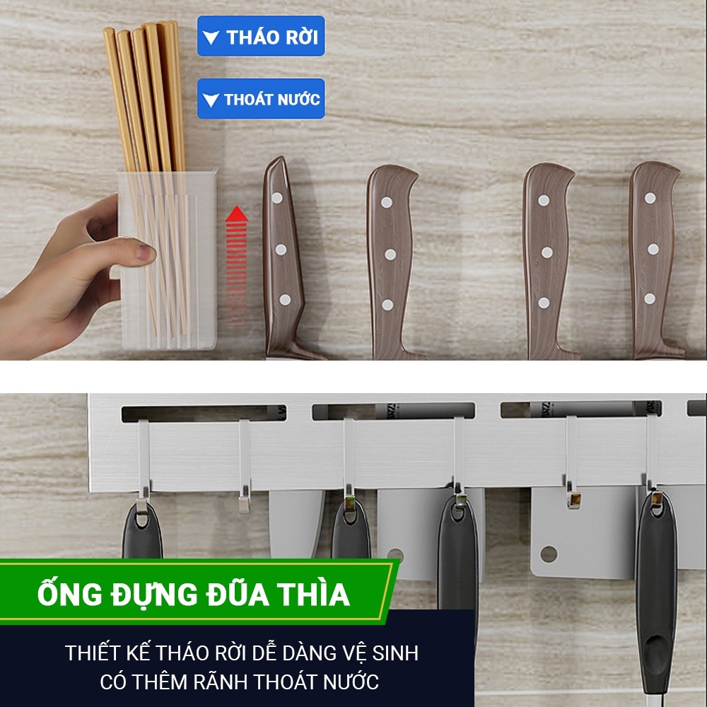 Giá để dao đa năng nhà bếp DoDoDios chất liệu Inox, có ống đựng đũa, thìa tặng thêm miếng dán tường móc treo khăn - Hàng chính hãng